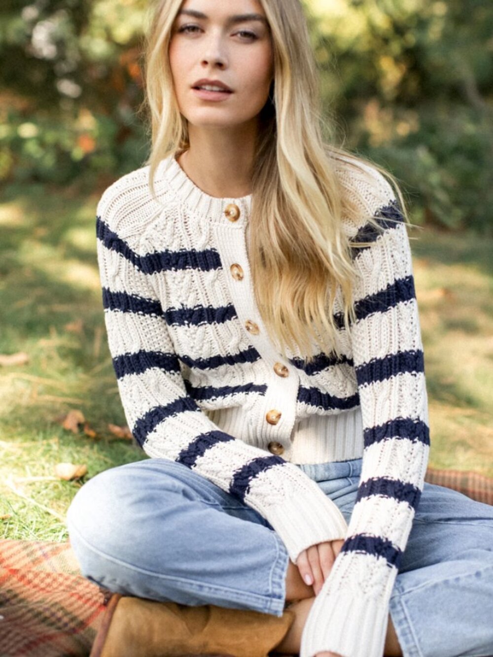 Marea by Liz Joy Striped Cable Cardigan - Ivory/Navy Stripe - Small Worn Once
